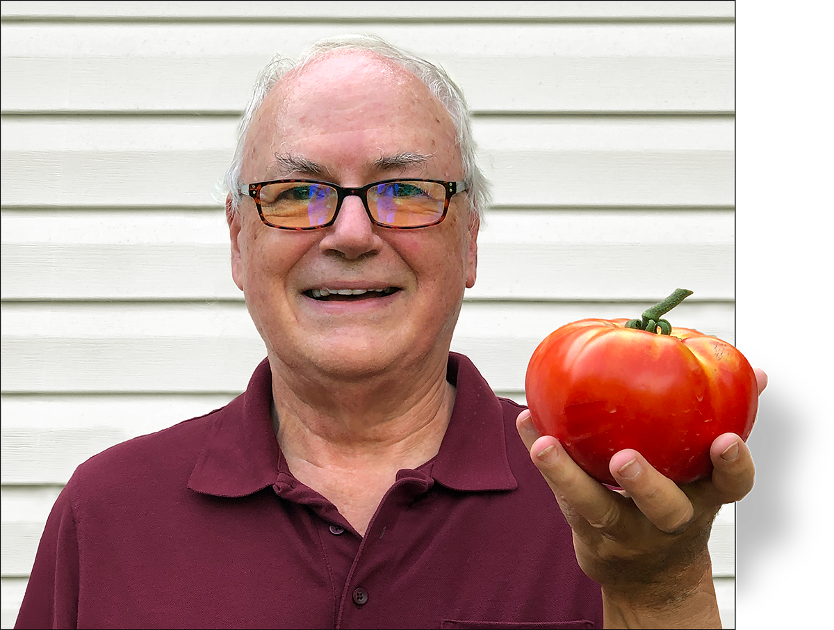 Terry Dunkle holding a large, home-grown tomato