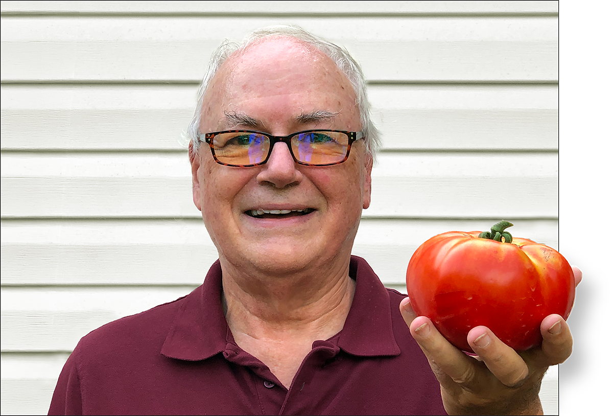 Terry Dunkle holding a large, home-grown tomato